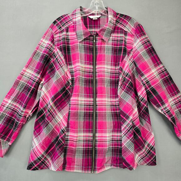 CJ Banks Tops - CJ Banks Purple Plaid Shirt Full Zip Blouse Classic Long Sleeves Women's Plus 2X